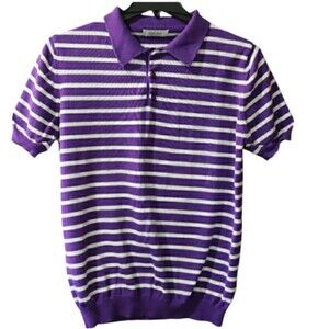 Zara Man Purple & White Striped Preppy Polo Short Sleeve Shirt Large